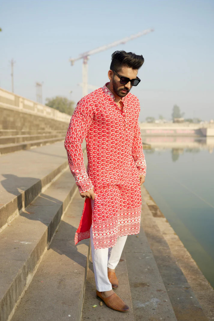 Laal Kila - Red Georgette with White Embroidery Kurta
