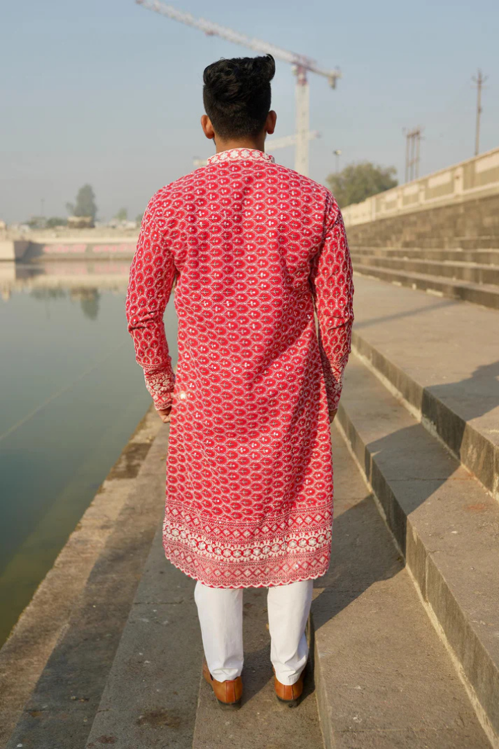 Laal Kila - Red Georgette with White Embroidery Kurta