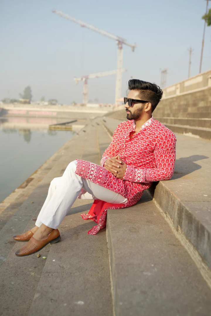 Laal Kila - Red Georgette with White Embroidery Kurta