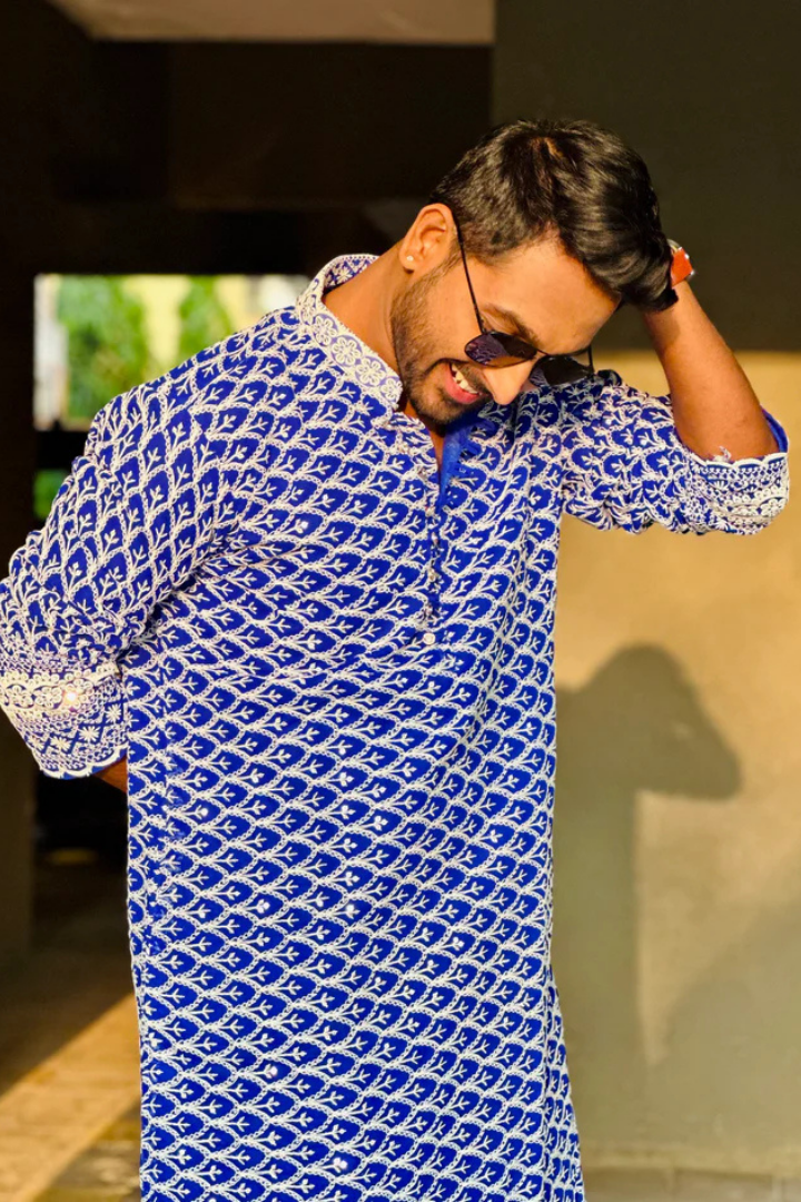 Teal Blue Georgette Kurta with White Embroidery
