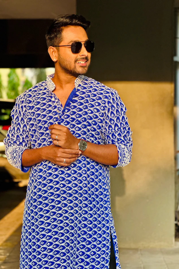 Teal Blue Georgette Kurta with White Embroidery