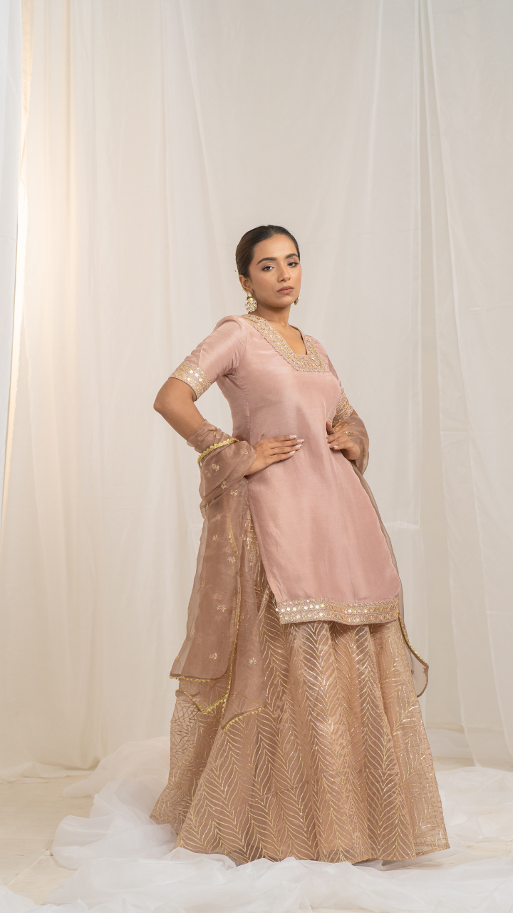 Kaleji Rose Gold Silk Kurta Set with Organza Lehenga and Dupatta