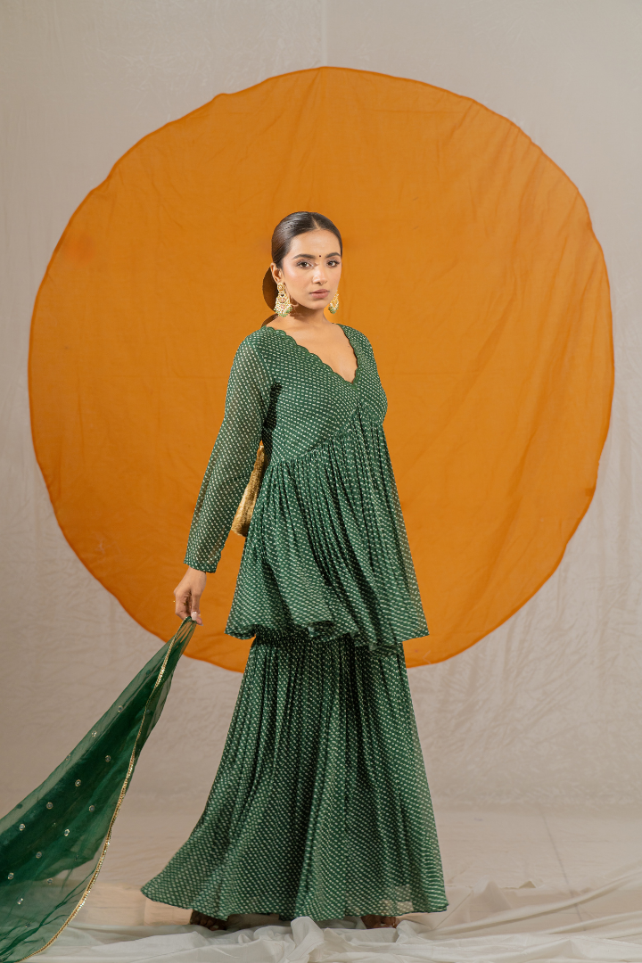 Hare Wala Bhandej Kurta and Sharara with Organza Embroidery Dupatta