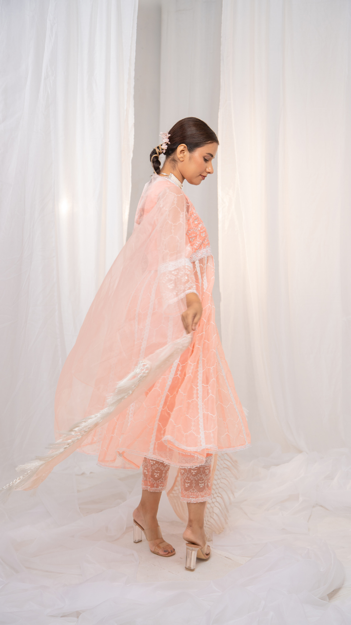 Ethereal Kesari Organza Anarkali with Safed Embroidery, Pants, and Dupatta