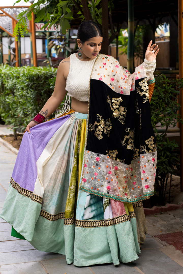 Multicolor Silk Lehenga with Golden Sequin Blouse and Dupatta