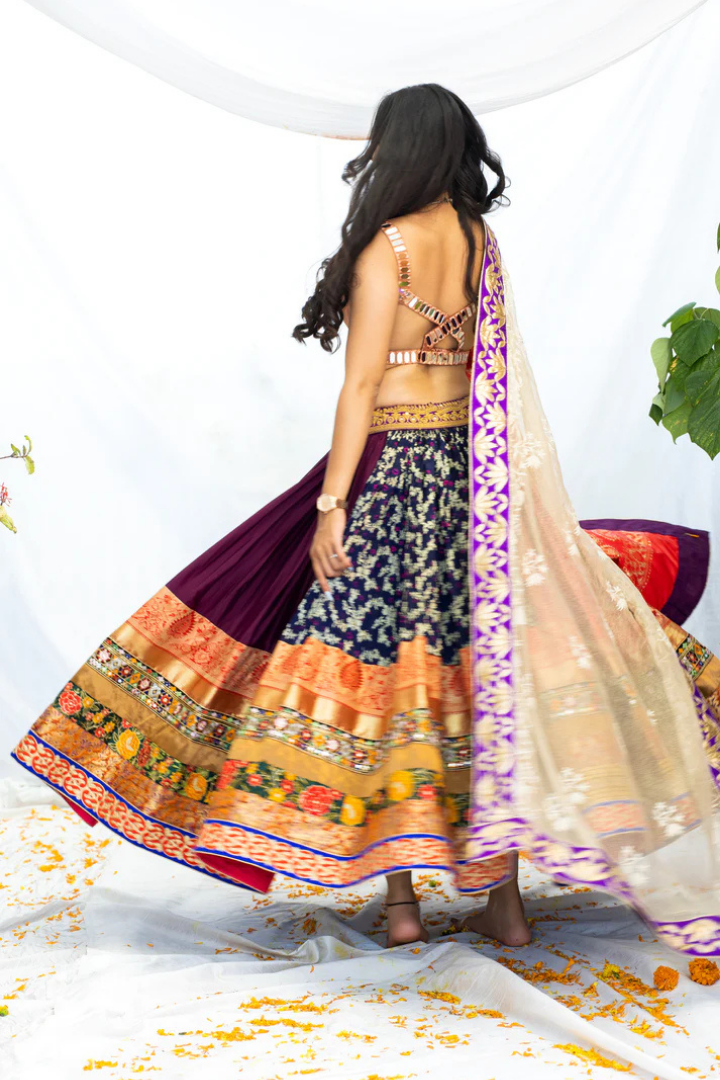Banarasi Silk Lehenga with Pink Shimmer, Mirror Blouse & Organza Dupatta