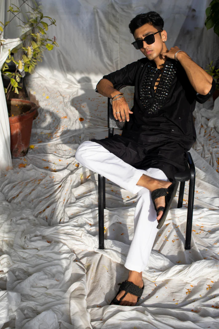 Handcrafted Black Silk Kurta with Yoke Mirror Work