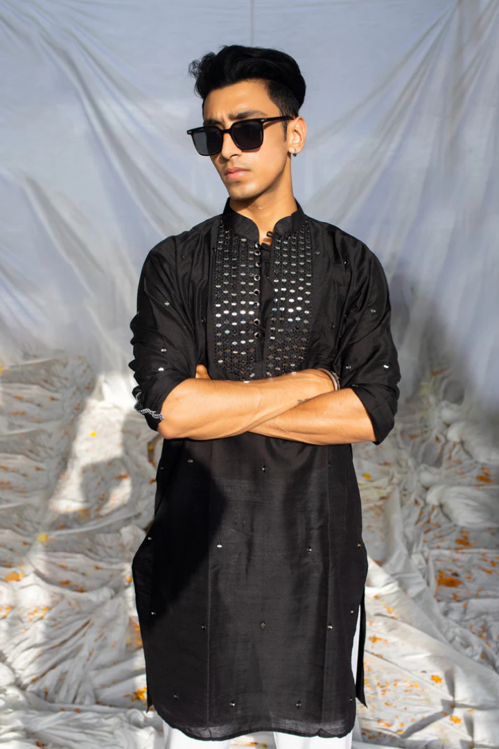 Handcrafted Black Silk Kurta with Yoke Mirror Work