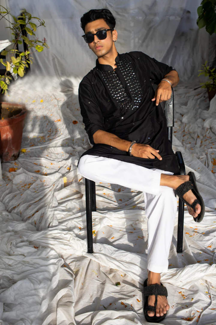 Handcrafted Black Silk Kurta with Yoke Mirror Work