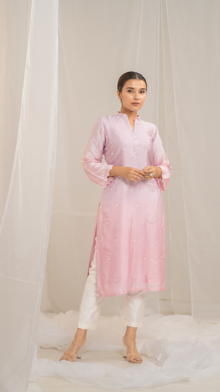Pink Cotton Modal Satin Haryali Kurta Pant Set