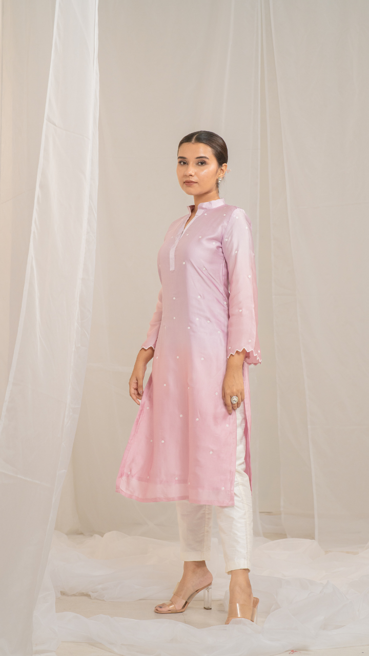 Pink Cotton Modal Satin Haryali Kurta Pant Set