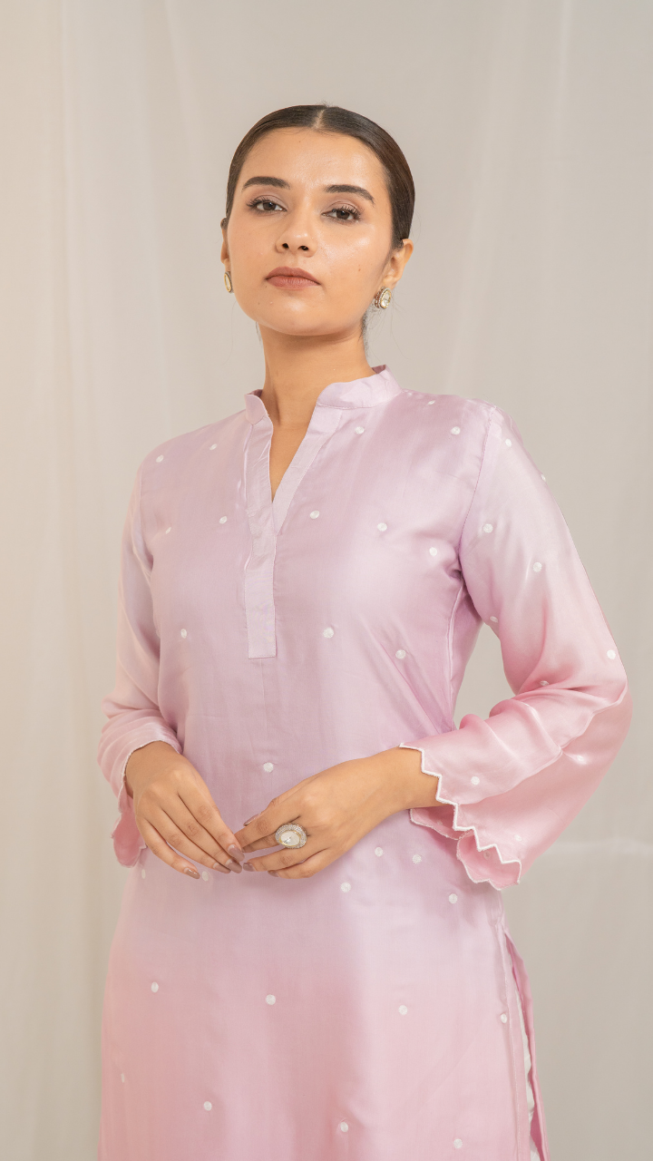 Pink Cotton Modal Satin Haryali Kurta Pant Set