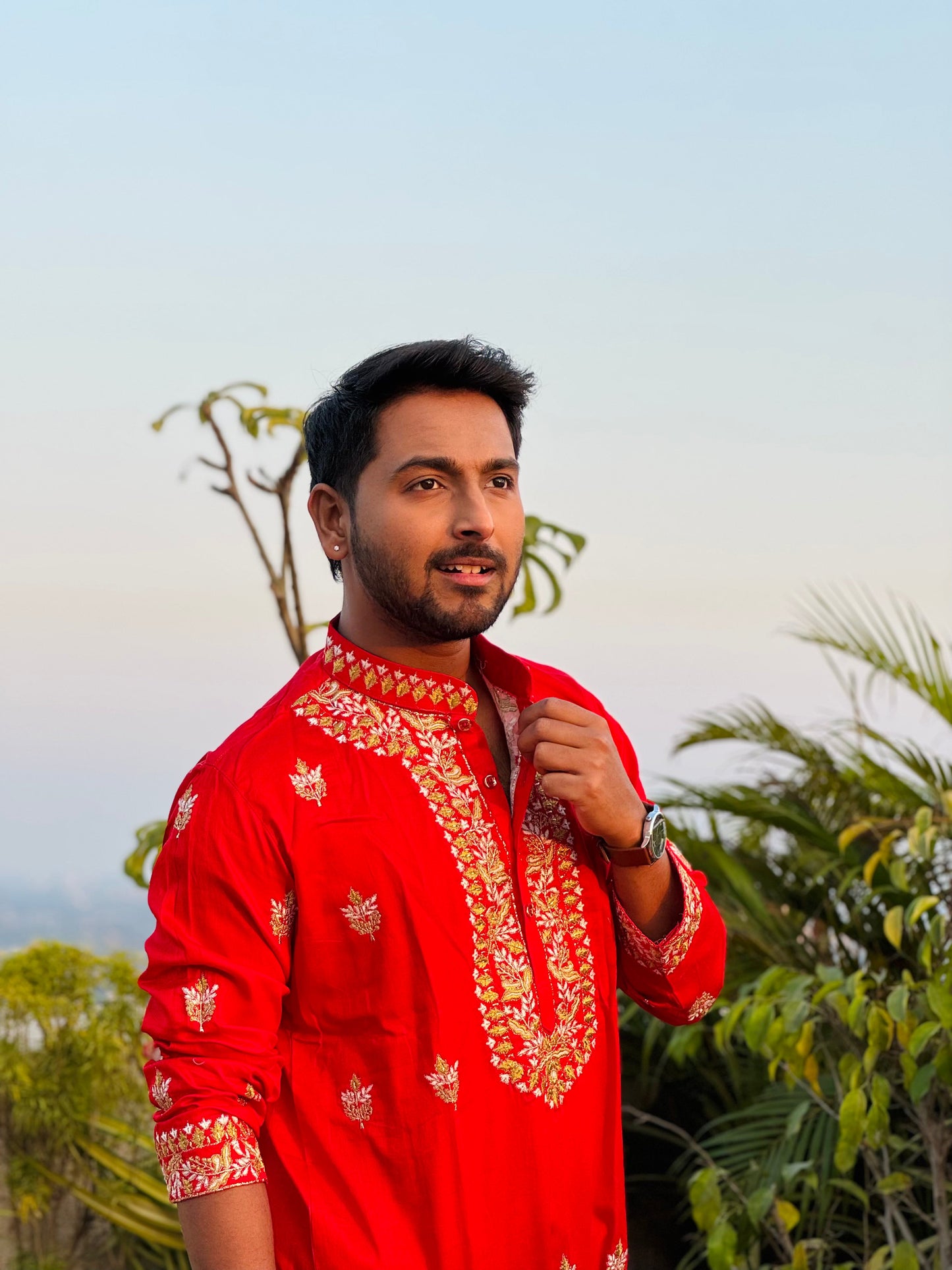Red Heavy Kasab Embroidery Kurta