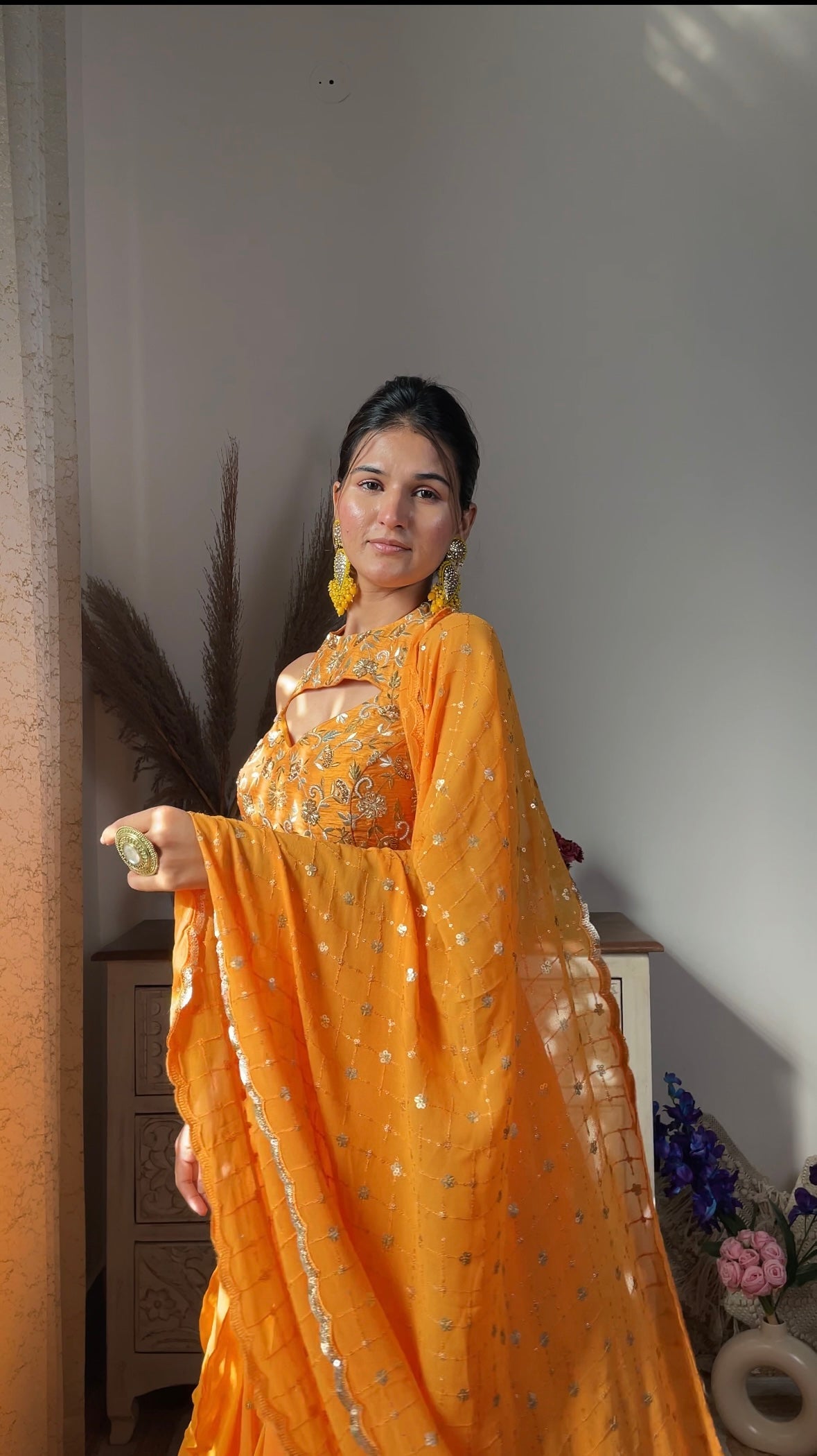 Bright Yellow Embellished Georgette Lehenga