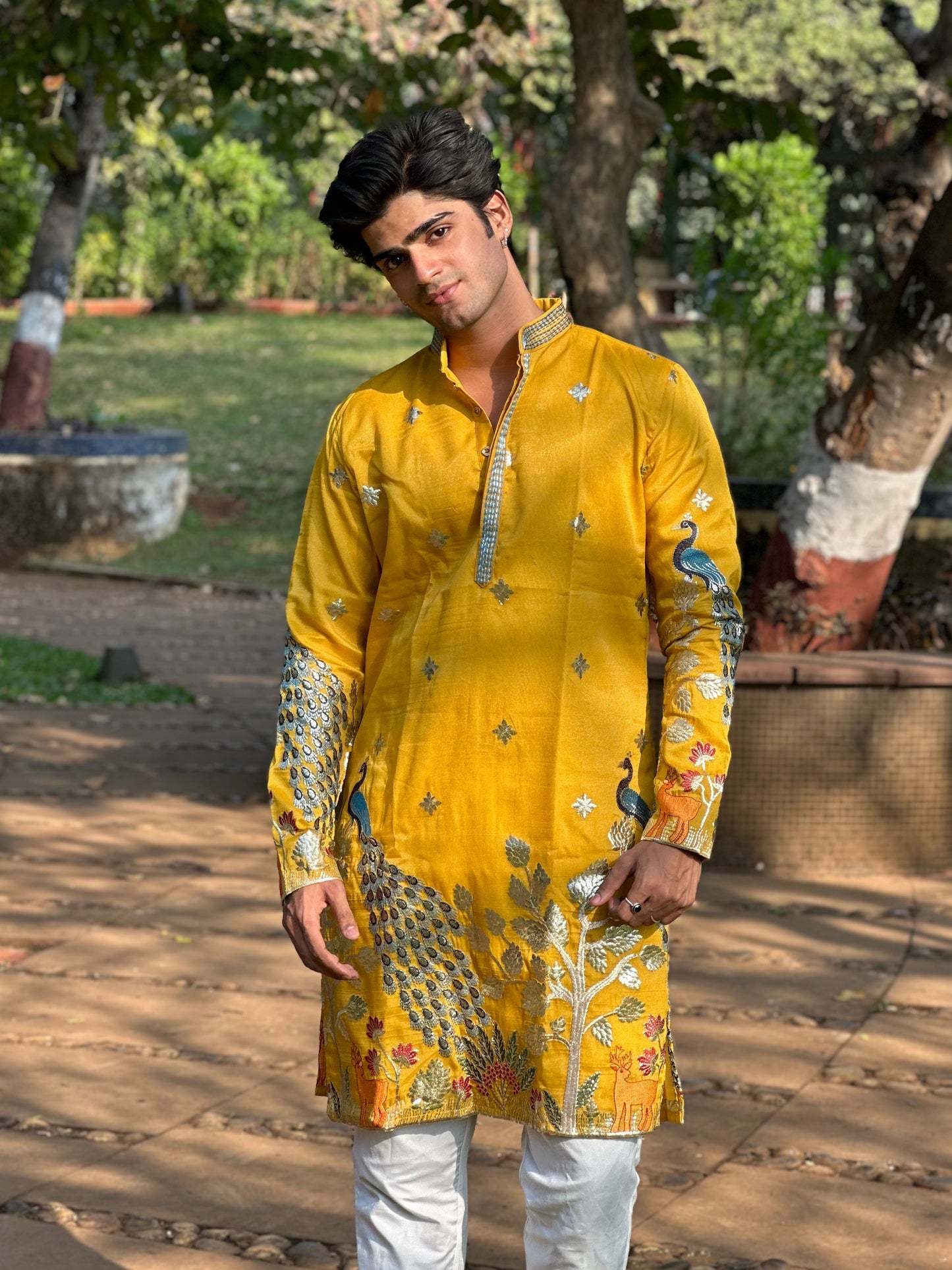Sunshine Yellow Kurta with Traditional Deer and Peacock Print Kurta