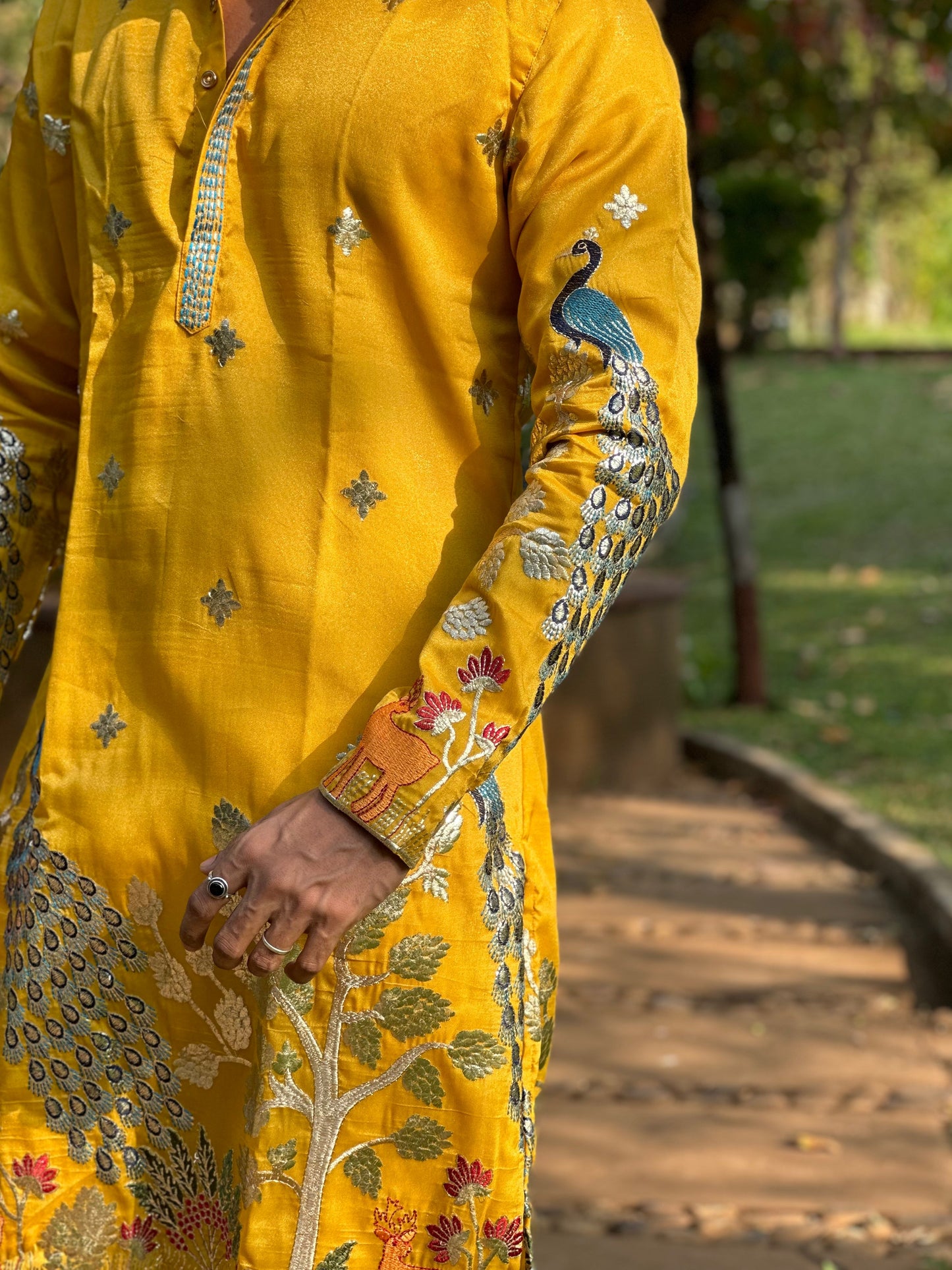 Sunshine Yellow Kurta with Traditional Deer and Peacock Print Kurta