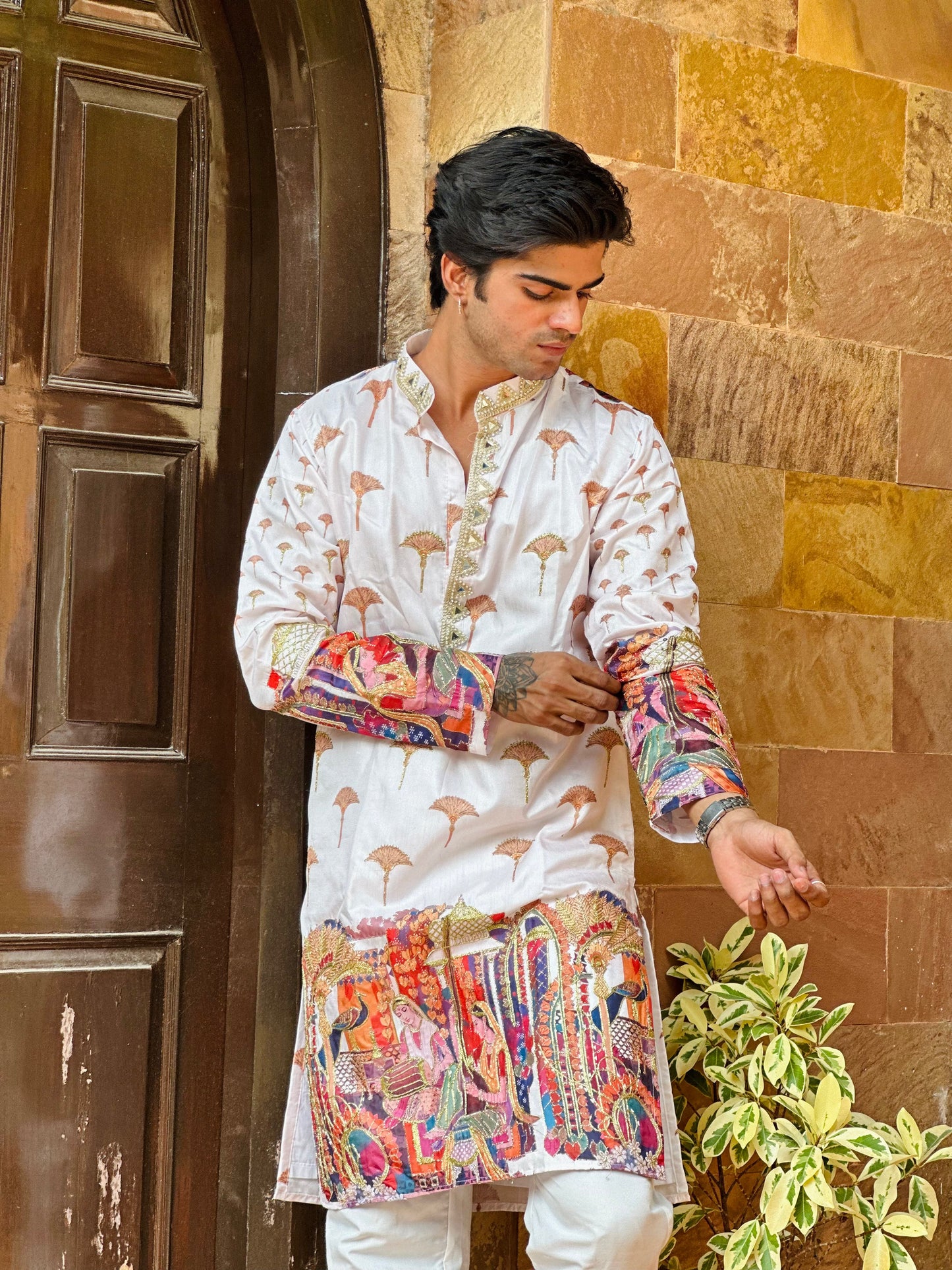 White Kurta with Beautiful Rainbow Embroidery