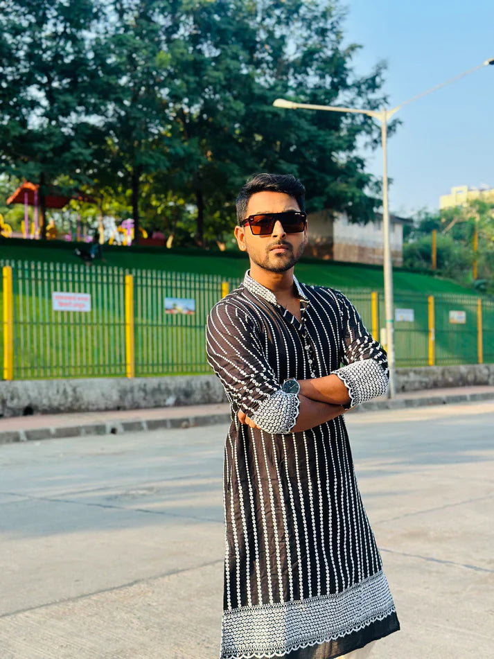 Black Kurta with White Linings and Exquisite Embroidery
