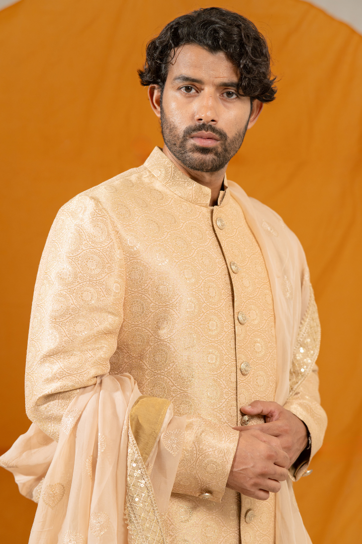 Golden Jacquard Silk Sherwani (Without Dupatta)