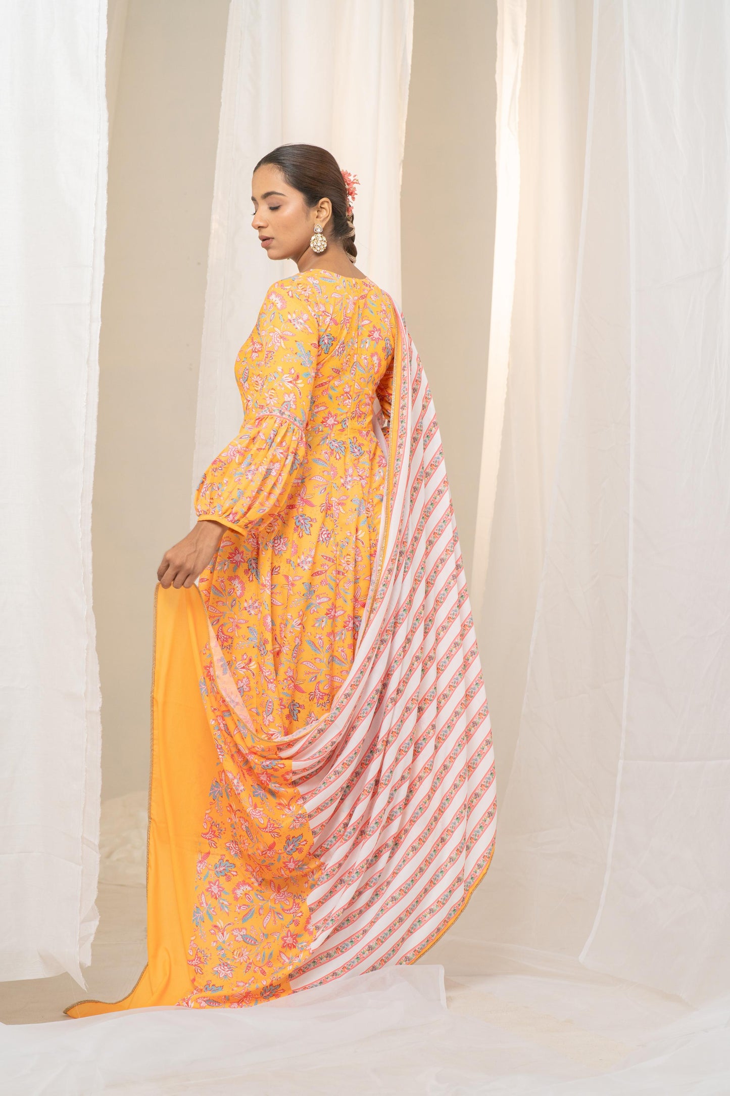Yellow Floral Printed Anarkali Suit with Exquisite Border - Pant and Dupatta Included
