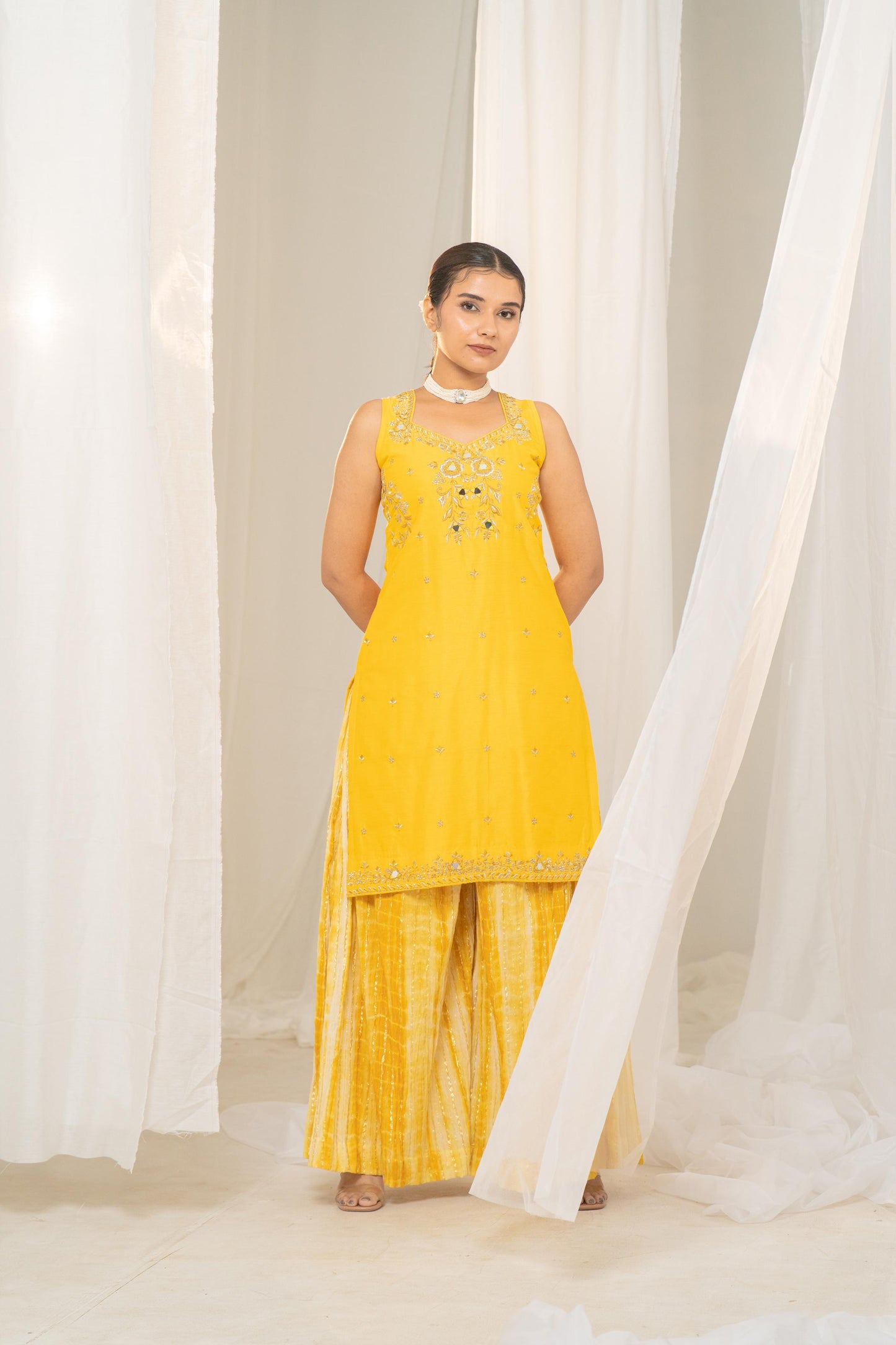 Vibrant Khatta-Nimbu Raw Silk Kurta with Embroidered Neck and Crushed Palazzo