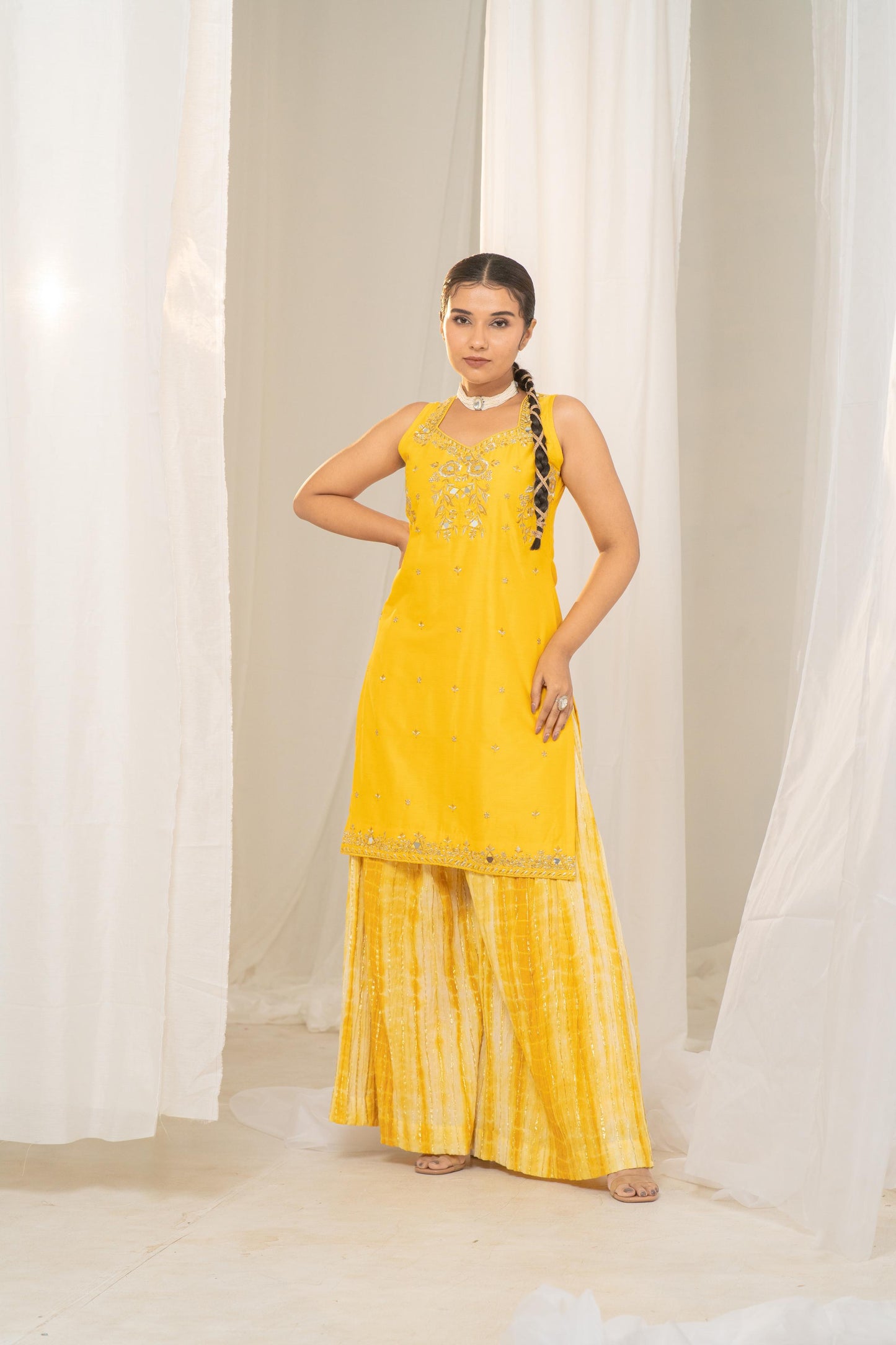 Vibrant Khatta-Nimbu Raw Silk Kurta with Embroidered Neck and Crushed Palazzo