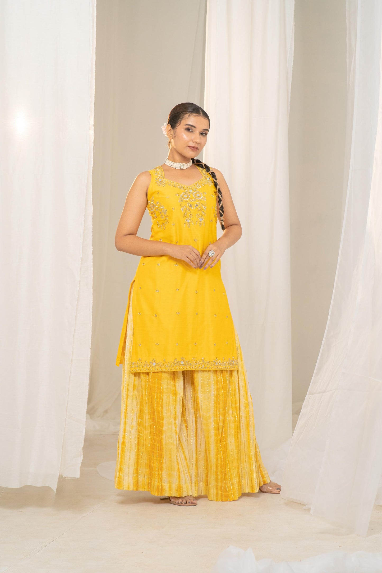 Vibrant Khatta-Nimbu Raw Silk Kurta with Embroidered Neck and Crushed Palazzo