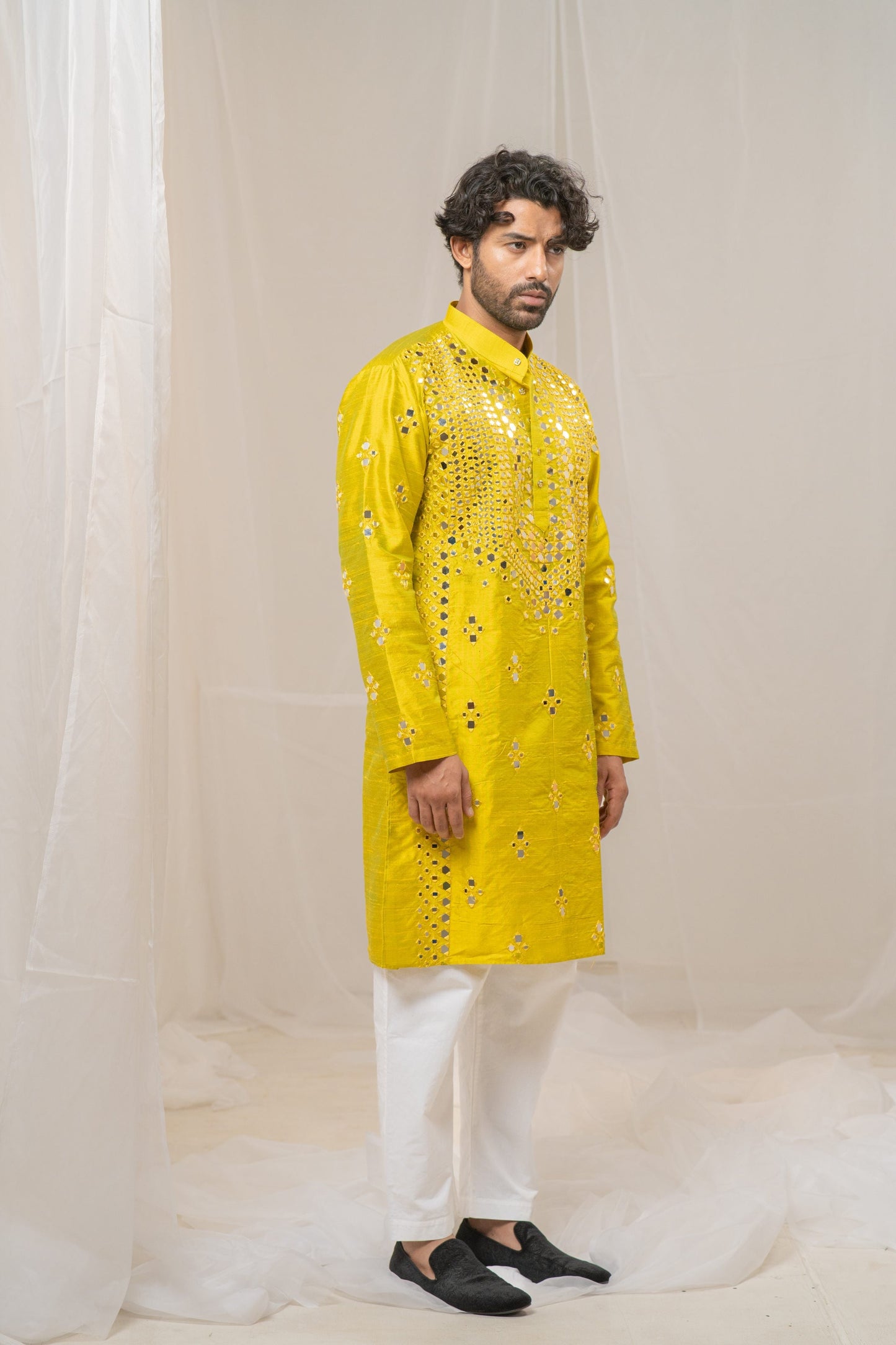 Green Raw Silk Mirror Kurta