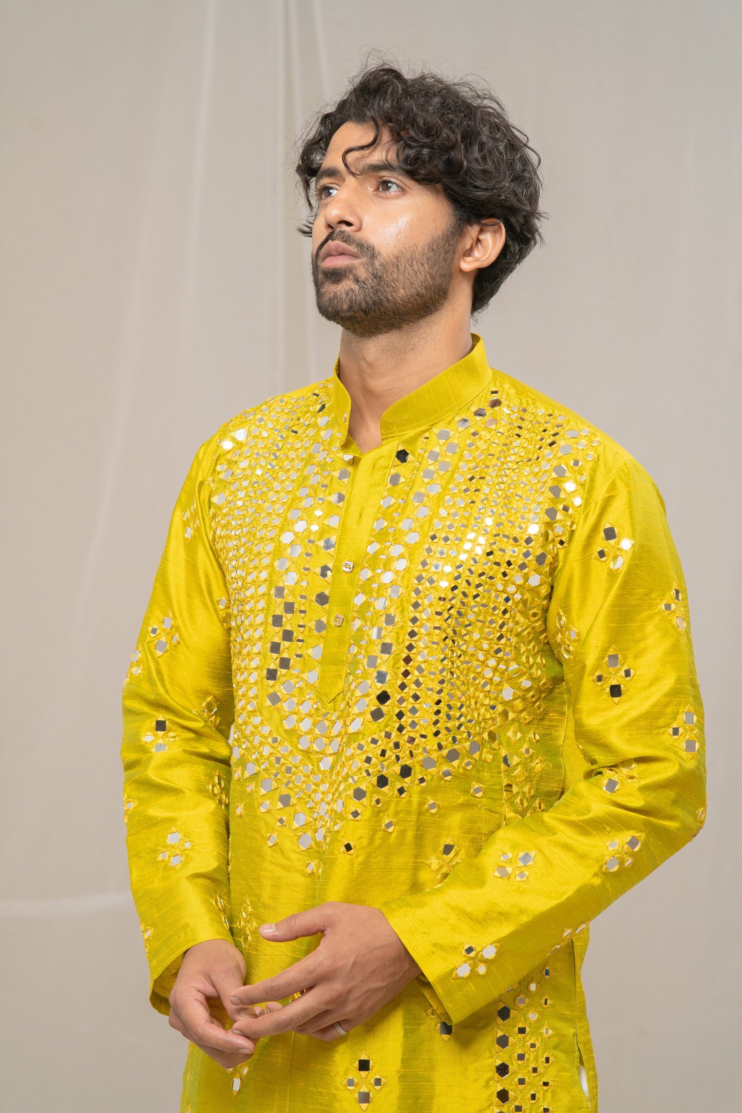 Green Raw Silk Mirror Kurta