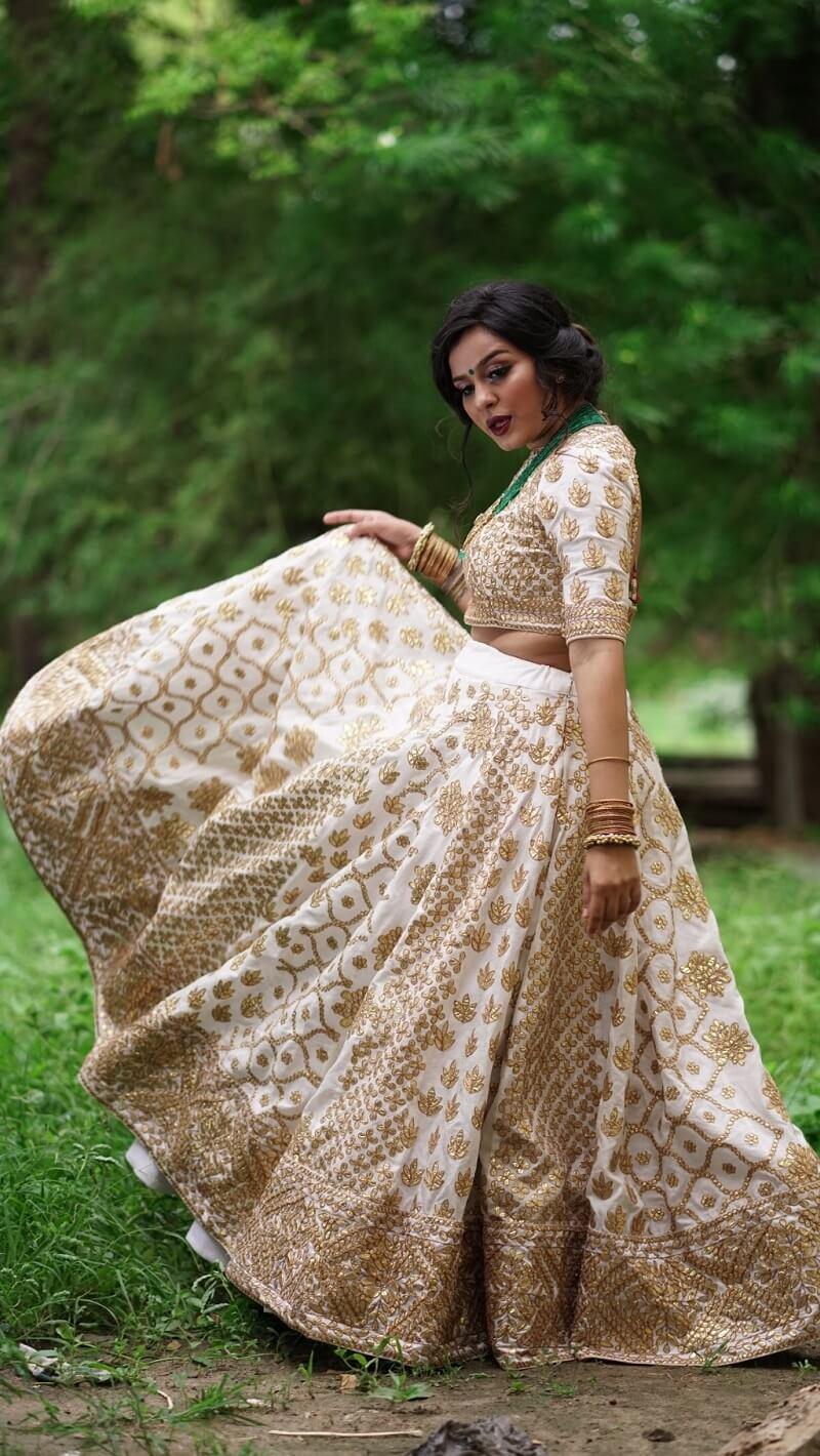 White Gotta Lehenga And Golden Dupatta. - Kzari - The Design Studio