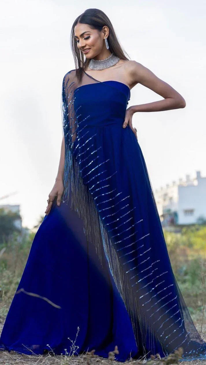 Blue Gown With Cape Tassels