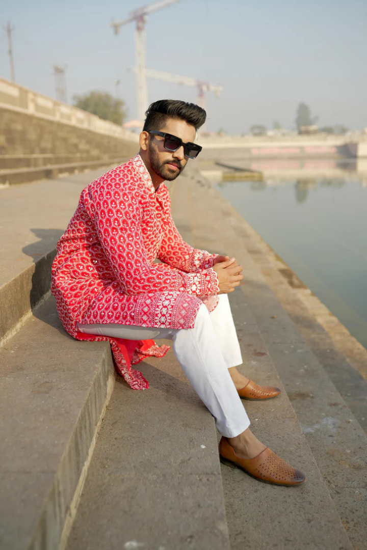 Laal Kila - Red Georgette with White Embroidery Kurta