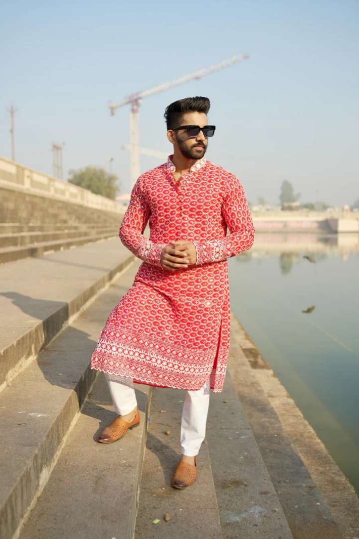 Laal Kila - Red Georgette with White Embroidery Kurta