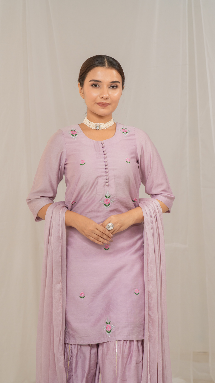 Chanderi Silk Kurta and Sharara Set with Elegant Embroidery and Chiffon Dupatta