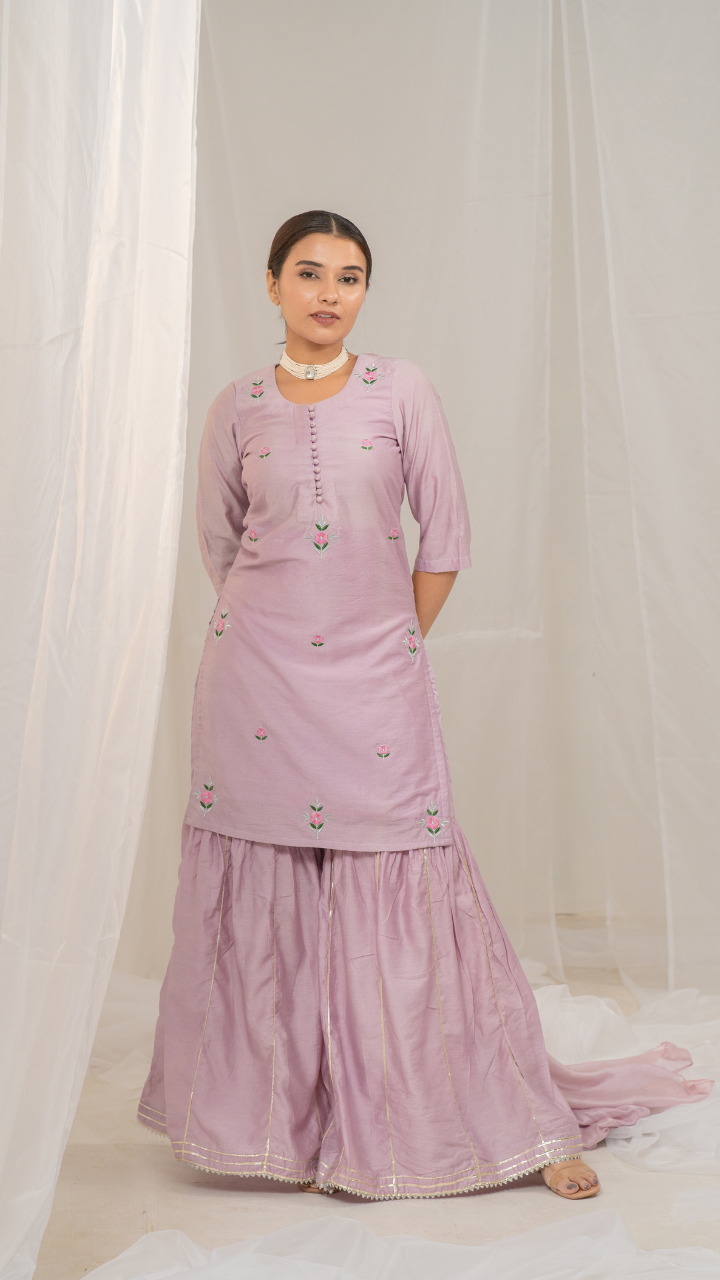 Chanderi Silk Kurta and Sharara Set with Elegant Embroidery and Chiffon Dupatta
