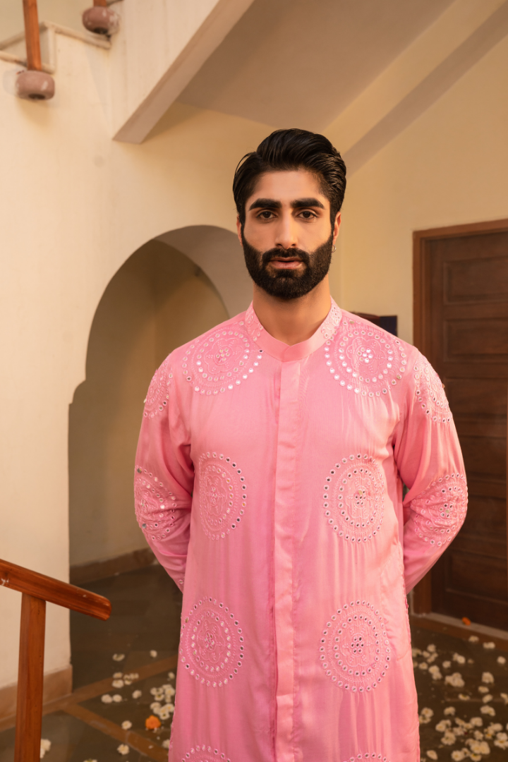 Chic Flamingo Pink Mirror Foil Kurta with dupatta