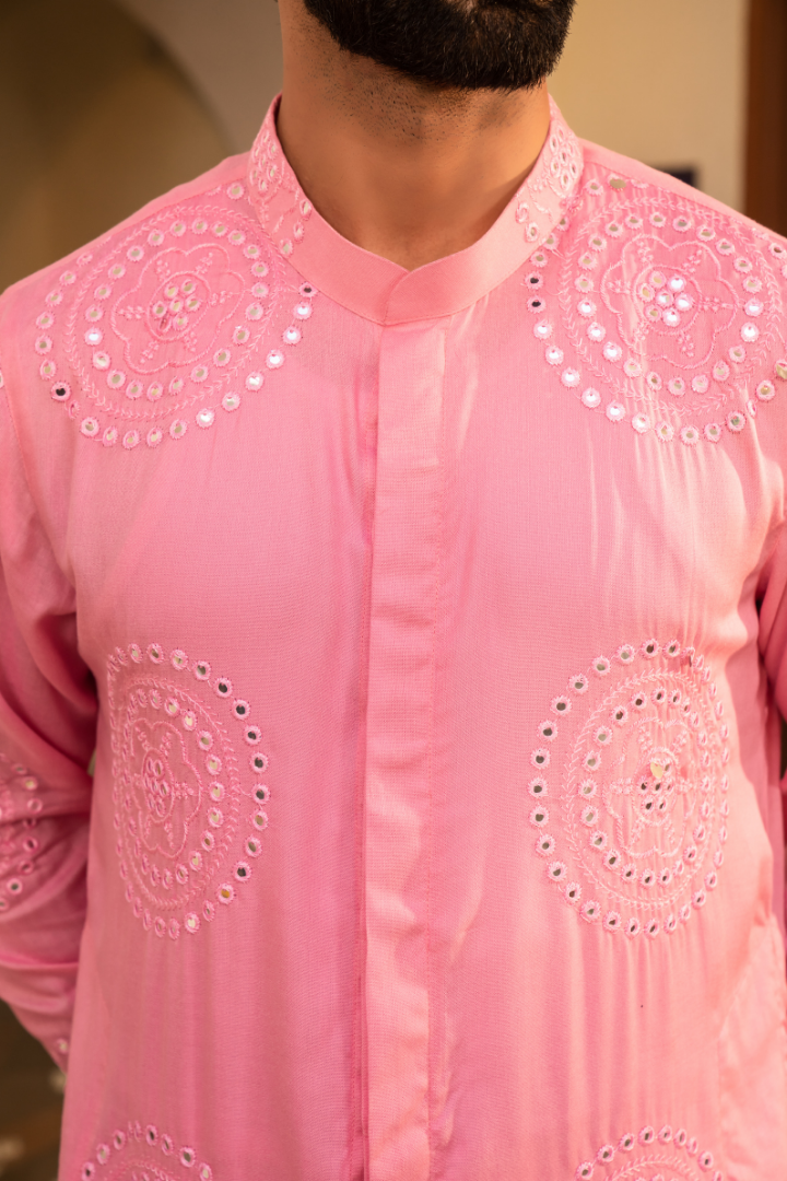 Chic Flamingo Pink Mirror Foil Kurta with dupatta