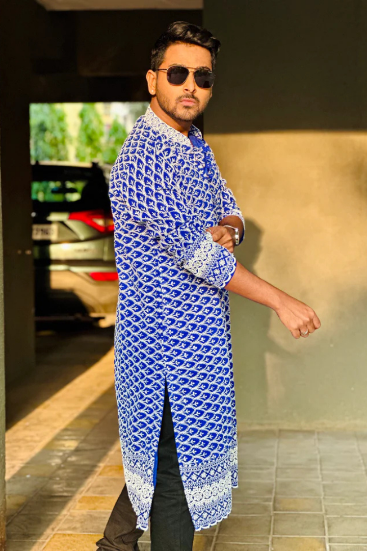 Teal Blue Georgette Kurta with White Embroidery