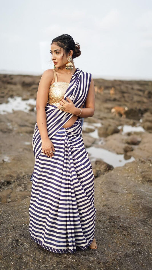 Black And Cream Printed Saree - Kzari - The Design Studio