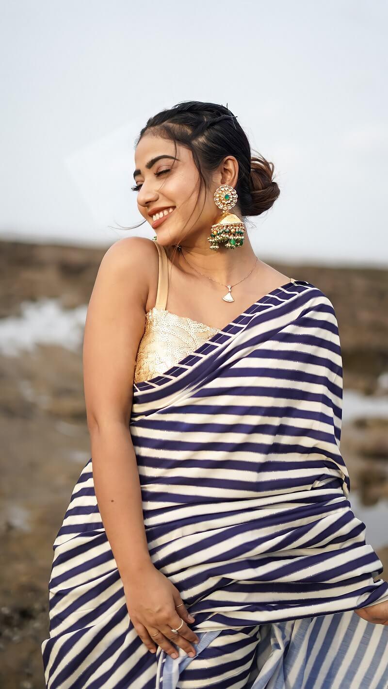Black And Cream Printed Saree - Kzari - The Design Studio