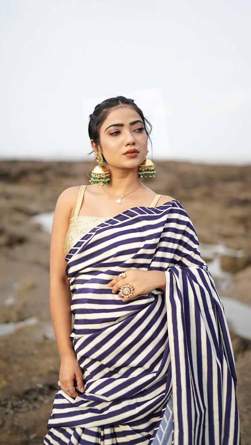 Black And Cream Printed Saree - Kzari - The Design Studio