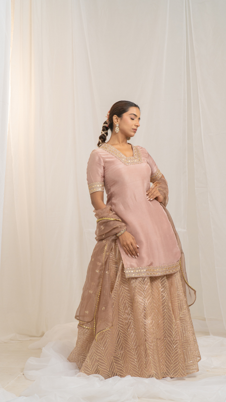 Kaleji Rose Gold Silk Kurta Set with Organza Lehenga and Dupatta
