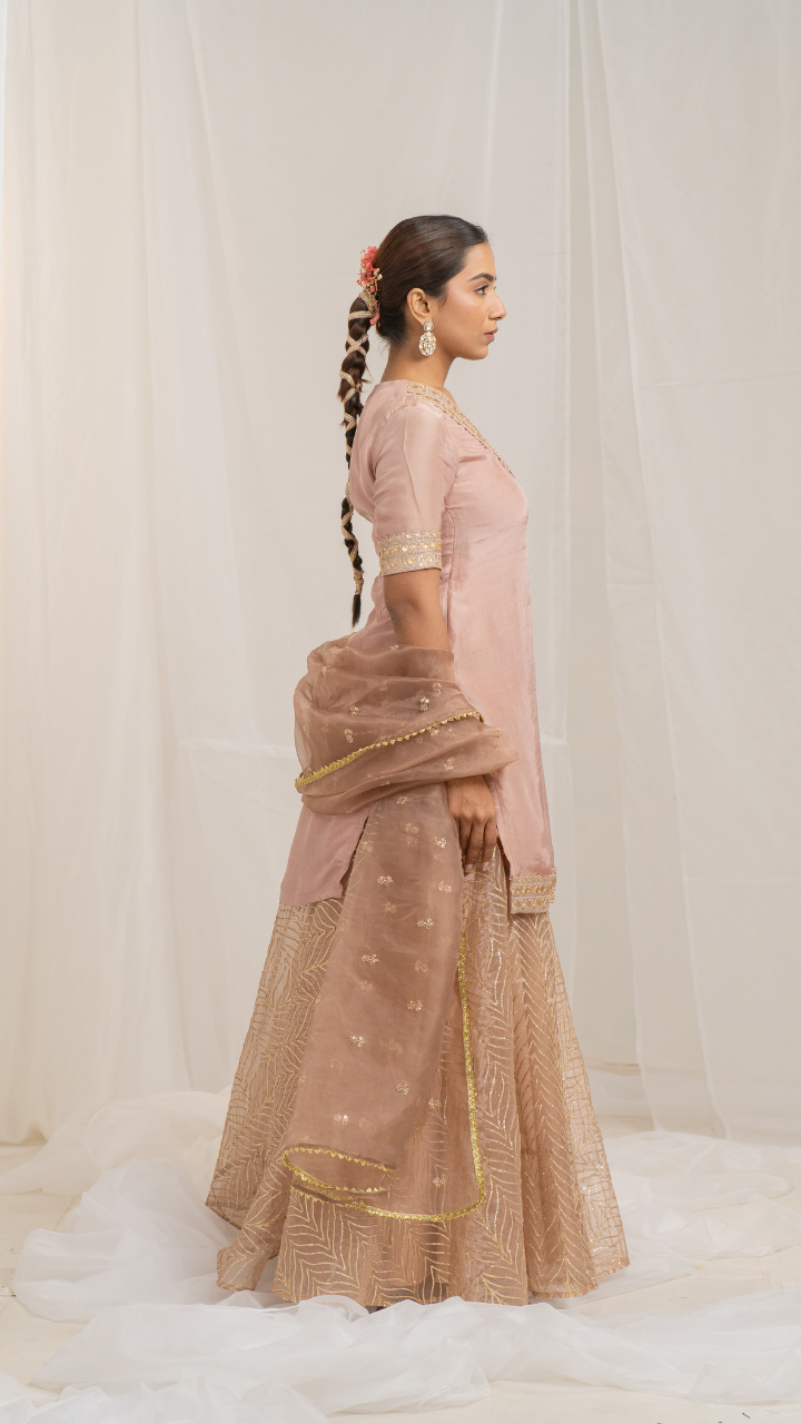 Kaleji Rose Gold Silk Kurta Set with Organza Lehenga and Dupatta