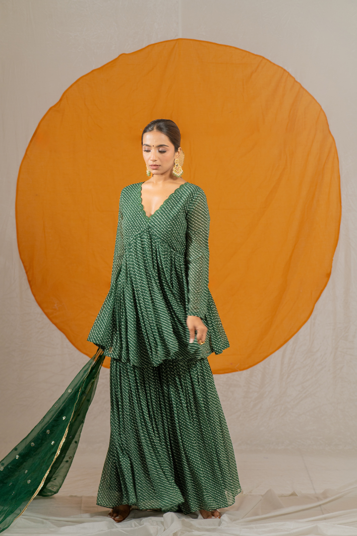 Hare Wala Bhandej Kurta and Sharara with Organza Embroidery Dupatta