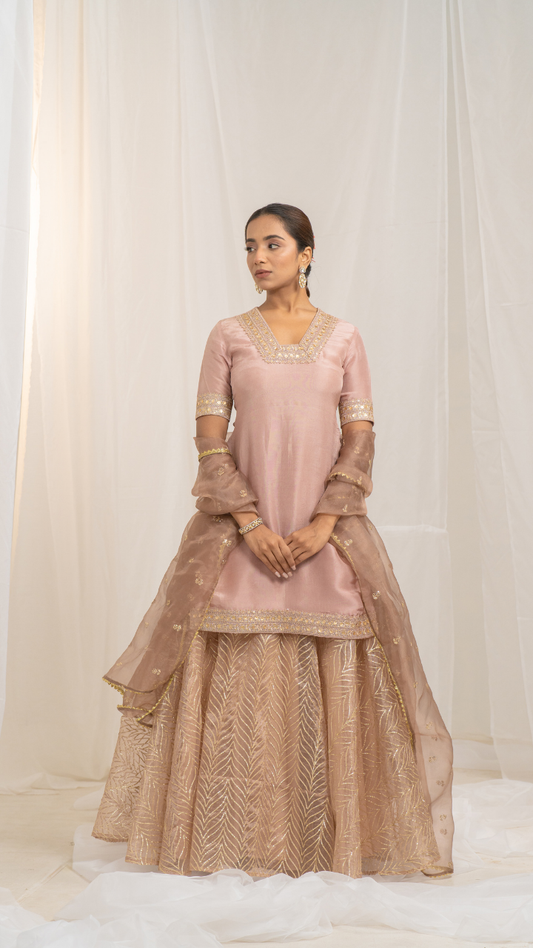 Kaleji Rose Gold Silk Kurta Set with Organza Lehenga and Dupatta