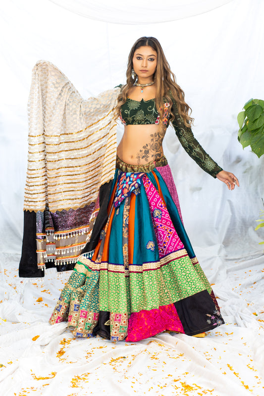Vibrant Handcrafted Lehenga with Kutchi Embroidery, Blouse, and Border Dupatta Set