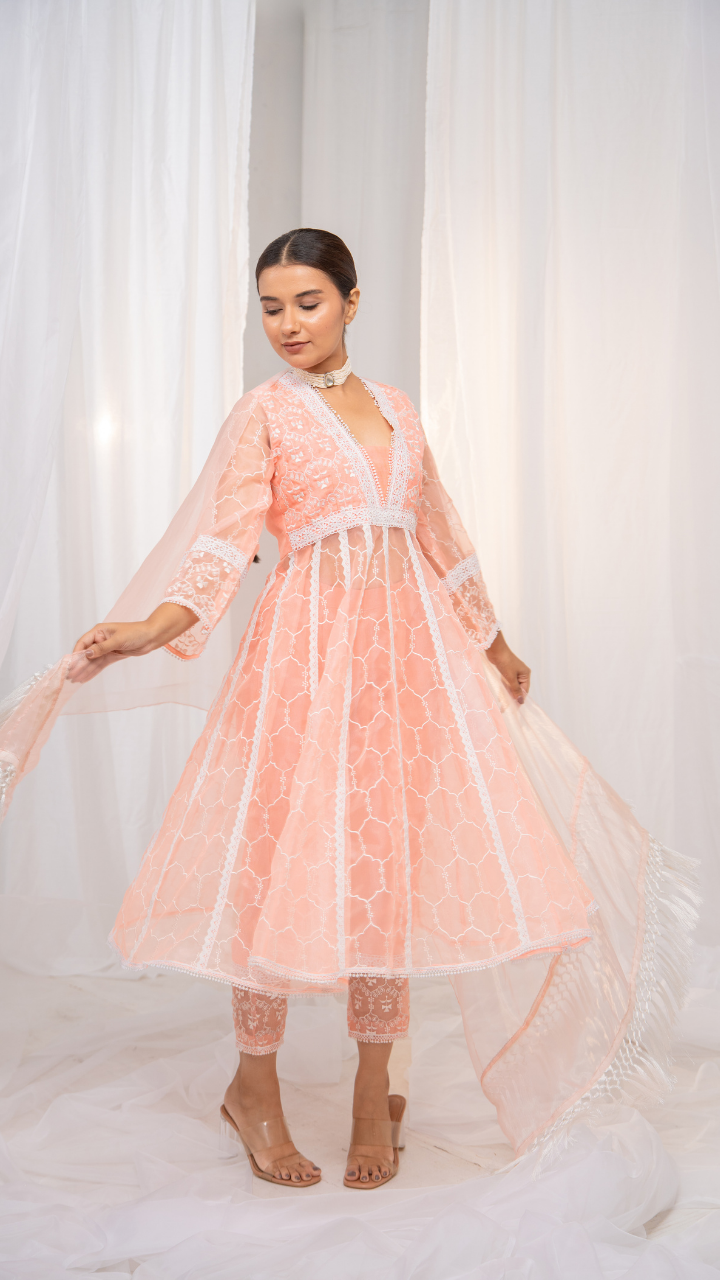 Ethereal Kesari Organza Anarkali with Safed Embroidery, Pants, and Dupatta