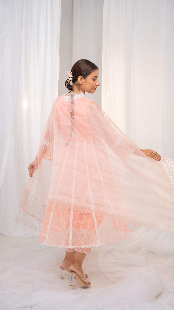 Ethereal Kesari Organza Anarkali with Safed Embroidery, Pants, and Dupatta