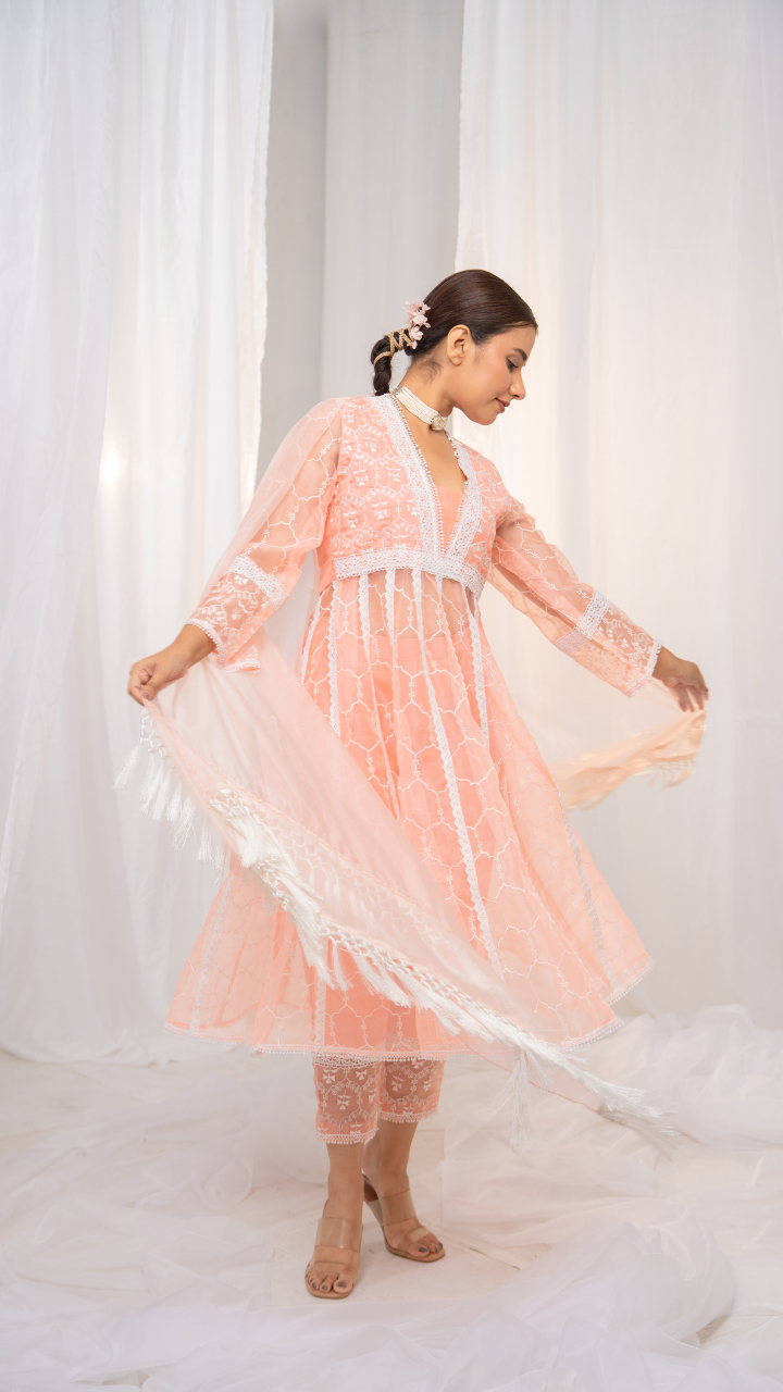 Ethereal Kesari Organza Anarkali with Safed Embroidery, Pants, and Dupatta