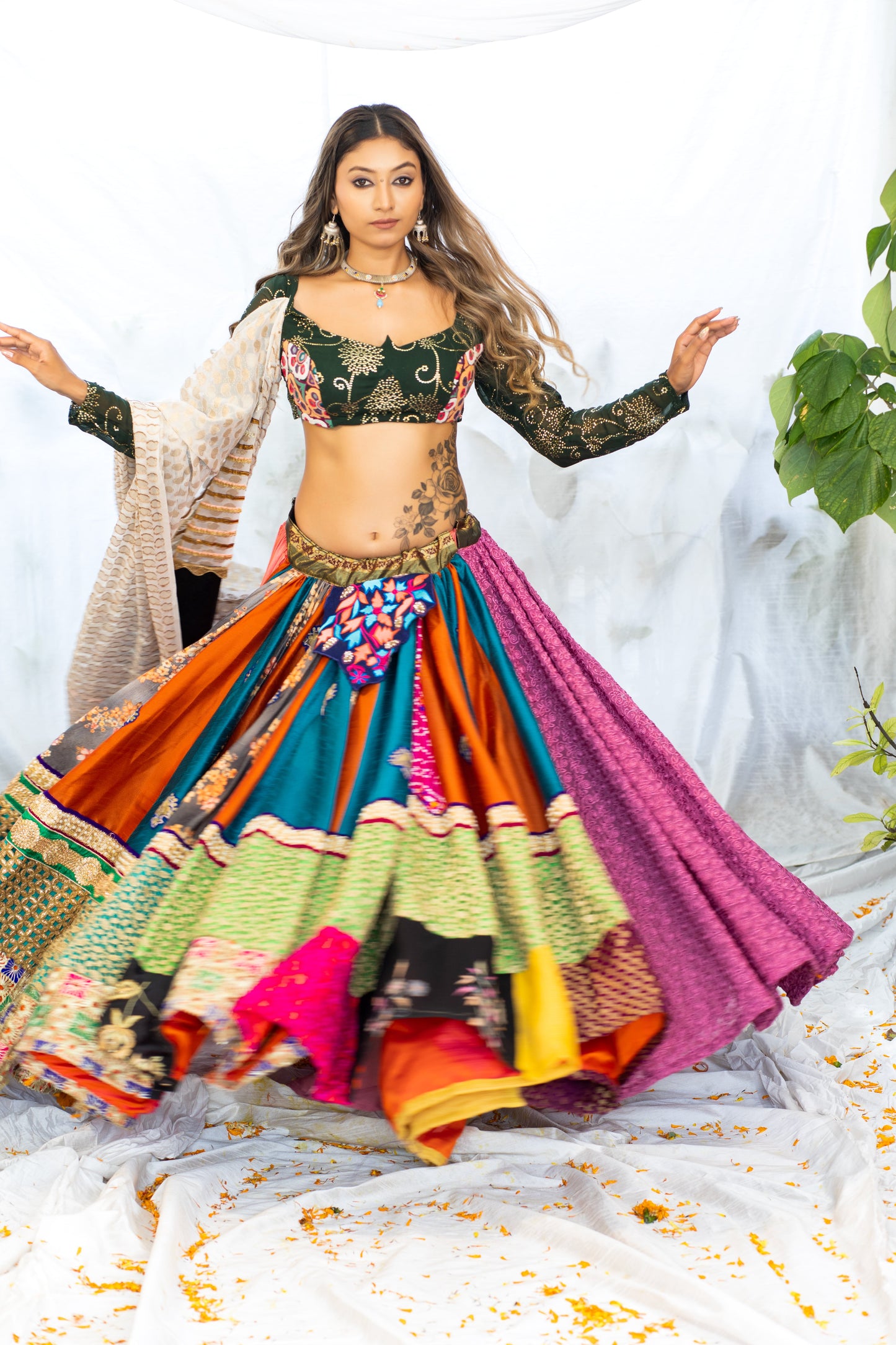 Vibrant Handcrafted Lehenga with Kutchi Embroidery, Blouse, and Border Dupatta Set